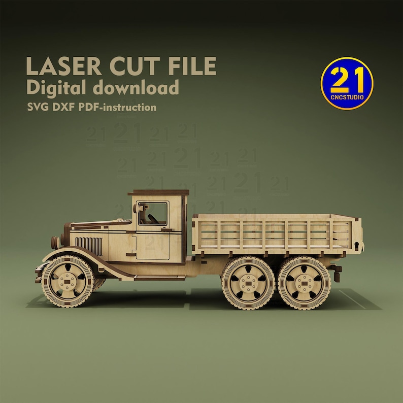 May include: A laser cut file digital download of a wooden truck model. The file is available in SVG, DXF, and PDF formats. The truck is a vintage style with a wooden bed and a driver in the cab. The file is for use with a CNC machine.