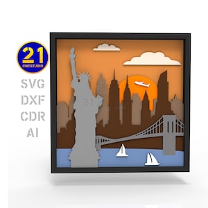 Arquivo de corte a laser multicamadas 3D do horizonte de Nova York – Paisagem urbana do pôr do sol com a Estátua da Liberdade