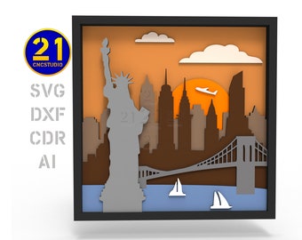New York Skyline 3D Multilayer Laser Cut File – Sunset Cityscape with Statue of Liberty