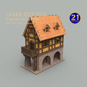 Middeleeuws Tudorhuis SVG, lasergesneden bestand voor architectonisch model, miniatuur poppenhuisplan, houten 3D-puzzel voor Glowforge en xTool