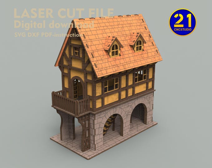 Medieval Tudor House SVG, Laser Cut File for Architectural Model, Miniature Dollhouse Plan, 3D Wood Puzzle for Glowforge & xTool