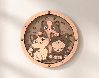 Cat Clock Laser Cut Files: 4-Layer Cat Design, SVG DXF