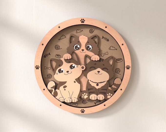 Cat Clock Laser Cut Files: 4-Layer Cat Design, SVG DXF