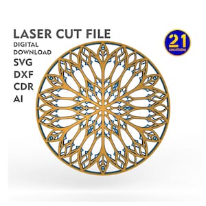 May include: A laser cut file design of a circular mandala with intricate details in gold and blue. The design is perfect for creating decorative wall art, stencils, or other crafts.