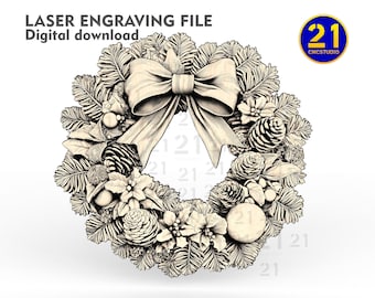 Christmas Wreath SVG PNG | 3D Laser Engraving Design | Holiday Decor Digital Download