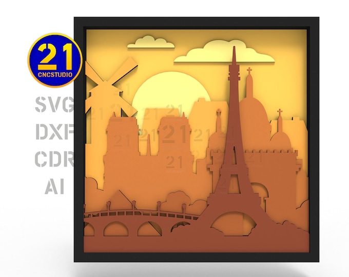 Paris Skyline Multilayer Laser Cut File – Romantic Cityscape with Eiffel Tower