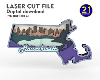 Massachusetts State Vignette - Laser Cut Multilayer File svg dxf ai eps cdr
