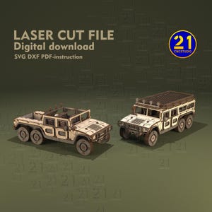 File tagliati al laser per SUV H1 / Modelli di pick-up e station wagon a 6 ruote / Puzzle in legno 3D in scala 1/24 / Download digitale SVG DXF