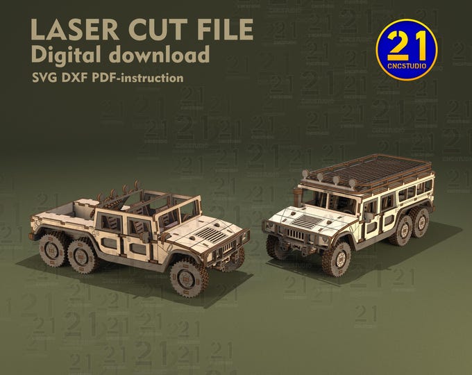 SUV H1 Set Laser Cut Files | 6-Wheel Pickup & Wagon Models | 1/24 Scale 3D Wooden Puzzle | SVG DXF Digital Download