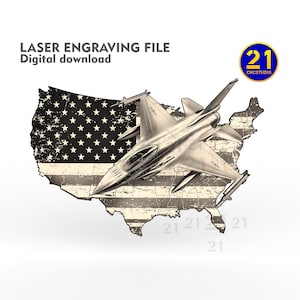 Avion de chasse F-16 avec carte et drapeau des Etats-Unis - fichier de gravure laser 3D - SVG, DXF - téléchargement numérique