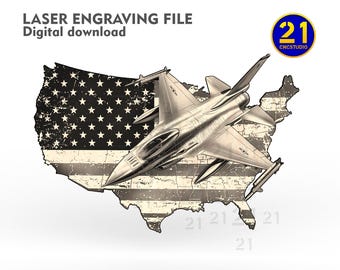 F-16 Fighter Jet with USA Map and Flag - 3D Laser Engraving File - SVG, DXF - Digital Download