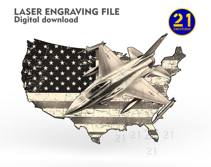 F-16 Fighter Jet with USA Map and Flag - 3D Laser Engraving File - SVG, DXF - Digital Download