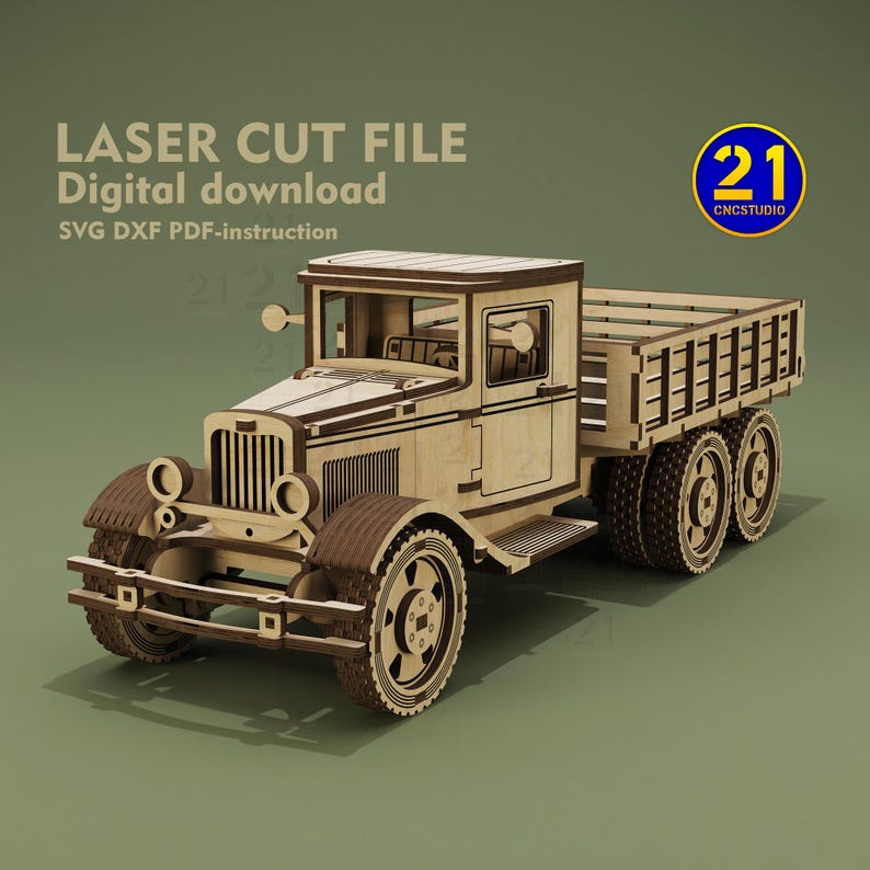 May include: A laser cut file digital download of a vintage wooden truck. The file includes SVG, DXF, and PDF instructions. The truck is brown and has a flatbed.