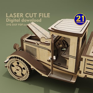 May include: A wooden model kit of a vintage pickup truck with an open door and hood. The model is made of laser-cut plywood and is ready to be assembled. The kit includes instructions and all the necessary parts.  The image includes the text "LASER CUT FILE Digital download SVG DXF PDF-instructions".