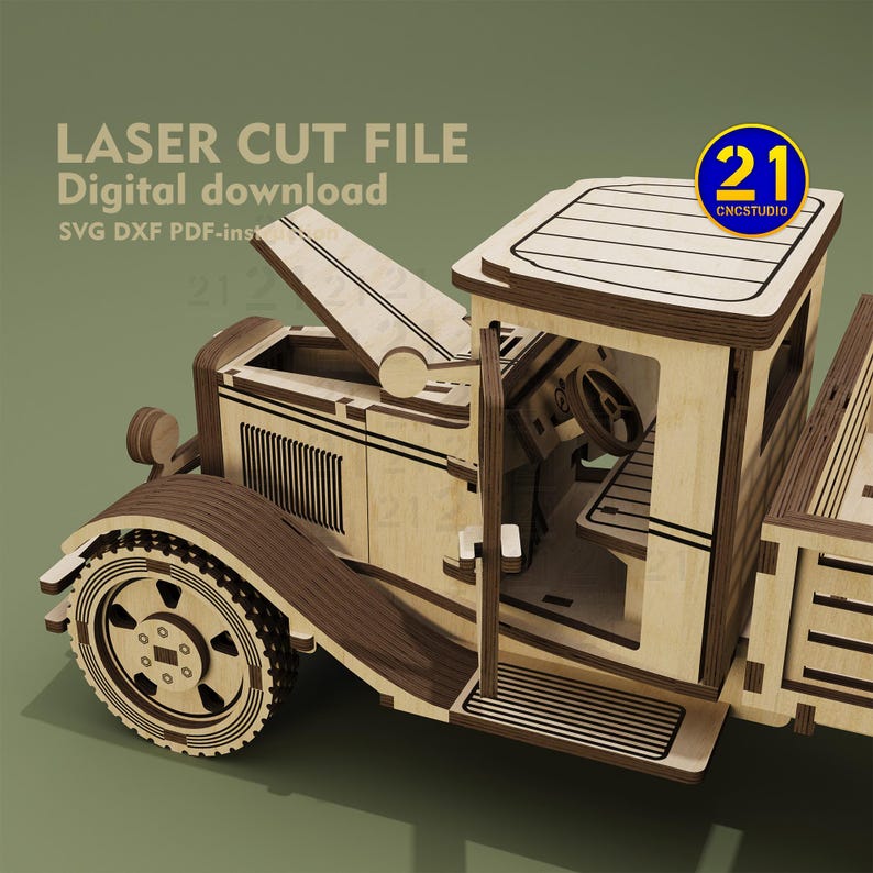 May include: A wooden model kit of a vintage pickup truck with an open door and hood. The model is made of laser-cut plywood and is ready to be assembled. The kit includes instructions and all the necessary parts.  The image includes the text "LASER CUT FILE Digital download SVG DXF PDF-instructions".
