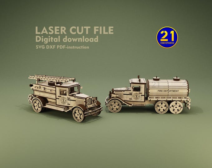 2-in-1 Fire Truck SVG Set, Laser Cut File for Vintage Engine & Tanker, 3D Wooden Puzzle, Collector Car Model Kit for Glowforge