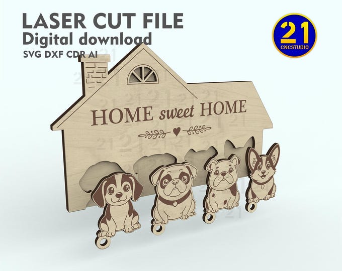 Dog Key Holder SVG DXF | Home sweet home laser cut file | DIY pet decor digital download