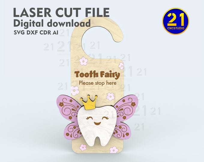 Tooth Fairy Door Hanger v2 - 3D Laser Cut File - SVG, DXF, cdr - DIY Woodcraft Digital Download