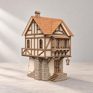 Arquivos para corte a laser de casa medieval: modelo em escala 1/27 com opção de parede aberta.
