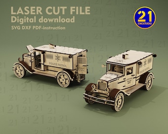 Vintage Police Truck Laser Cut File | 3D Wooden Puzzle Model | SVG DXF Digital Download | Glowforge & xTool Ready
