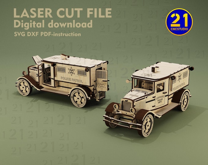 Vintage Police Truck Laser Cut File | 3D Wooden Puzzle Model | SVG DXF Digital Download | Glowforge & xTool Ready