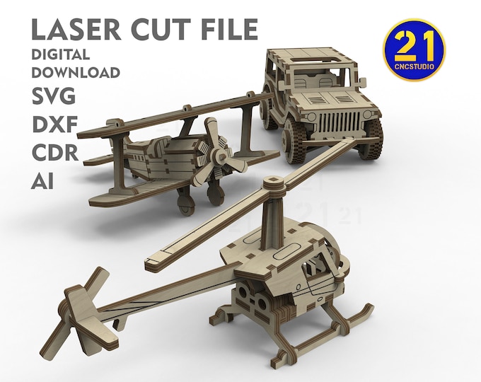 Children's Vehicle Laser Cut Model Set - Helicopter, Biplane, SUV - Digital Download SVG, DXF, cdr, Ai Files
