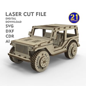 Può includere: Un file di taglio laser per un modello di legno di una jeep. Il modello è in legno marrone e presenta un design dettagliato. Il file è disponibile nei formati SVG, DXF, CDR e AI.