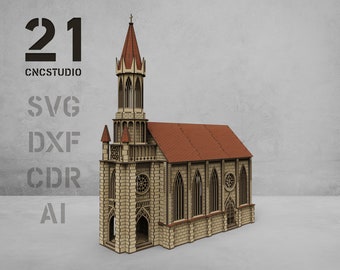 Gothic Church SVG, Laser Cut File for Miniature Model, 3D Cathedral Puzzle Plan for Diorama, Architectural Building Kit for Glowforge