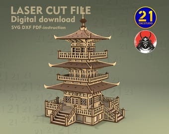 Asian Pagoda Laser Cut File | 28mm-32mm Scale Tabletop RPG Terrain for Samurai Village | Digital Download SVG DXF