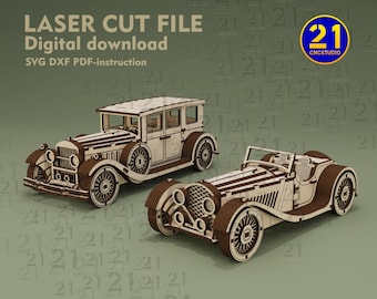 Vintage Car Set Laser Cut Files | Classic Car & Roadster Cabriolet Models | 3D Wooden Puzzle SVG DXF | Glowforge xTool Digital Download