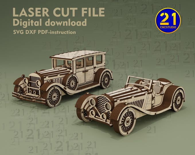 Vintage Car Set Laser Cut Files | Classic Car & Roadster Cabriolet Models | 3D Wooden Puzzle SVG DXF | Glowforge xTool Digital Download