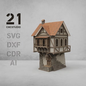 Lasergesneden middeleeuws huis SVG, 3D-puzzel poppenhuisbestand voor Glowforge, Fantasy Wargaming Terrain voor Diorama, miniatuur modelpakketplan