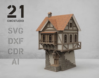 Laser Cut Medieval House SVG, 3D Puzzle Dollhouse File for Glowforge, Fantasy Wargaming Terrain for Diorama, Miniature Model Kit Plan