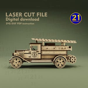 Camión de bomberos vintage, archivo cortado por láser 3D / Modelo de coche de rompecabezas de madera / Descarga digital SVG DXF / Compatible con Glowforge y xTool