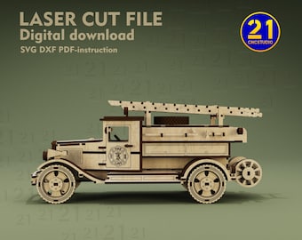 Vintage Fire Truck 3D Laser Cut File | Wooden Puzzle Car Model | SVG DXF Digital Download | Glowforge & xTool Ready