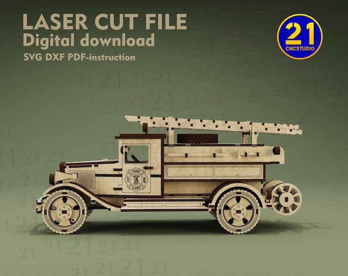 Vintage Fire Truck 3D Laser Cut File | Wooden Puzzle Car Model | SVG DXF Digital Download | Glowforge & xTool Ready