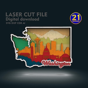 Fichier de découpe laser SVG Washington 8 couches | Carte d'état 3D multicouche | Téléchargement numérique prêt pour Glowforge