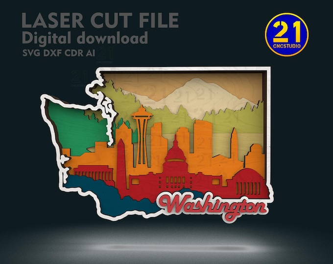 Washington 8-Layer SVG Laser Cut File | Multilayer 3D State Map | Glowforge Ready Digital Download