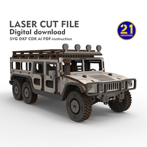 DIY SUV H1 6 kół Model Laser Cut File - 1/24 Skala Wojskowy SUV dxf, svg, Ruchome koła i otwierane drzwi, 3 mm Sklejka Zestaw samochodowy