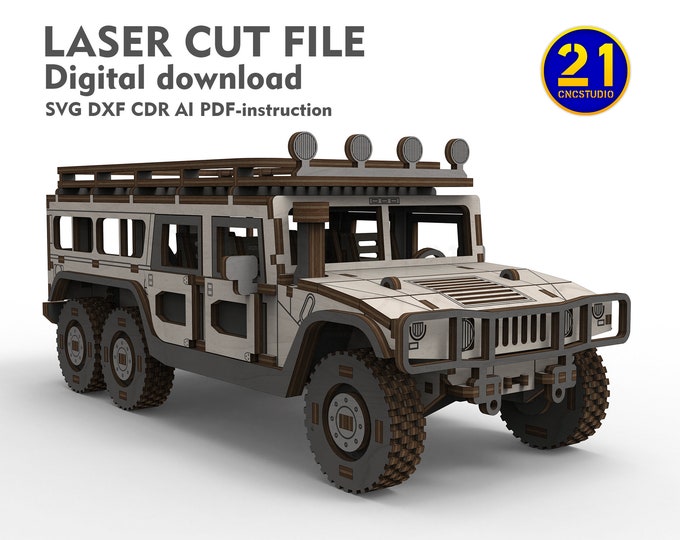DIY SUV H1 6 wheels Model Laser Cut File - 1/24 Scale Military SUV dxf, svg, Movable Wheels and Opening Doors, 3mm Plywood Car Kit