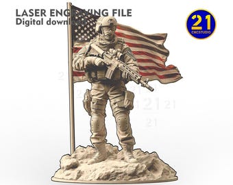 American Soldier 3D Laser Engraving Design - U.S. Military Hero with Flag, Patriotic Army Art for CO2, Diode, Glowforge