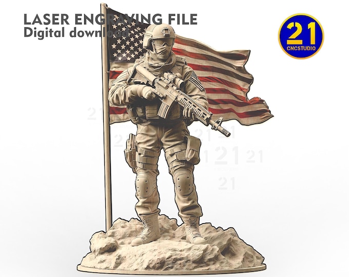 American Soldier 3D Laser Engraving Design - U.S. Military Hero with Flag, Patriotic Army Art for CO2, Diode, Glowforge