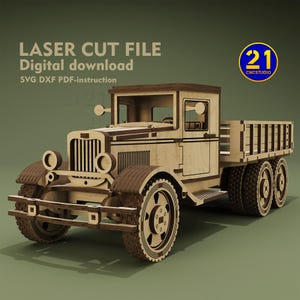 May include: Laser cut file digital download of a vintage wooden truck. The truck is brown and has a flatbed. The file includes SVG, DXF, and PDF instructions. CNC Studio 21.