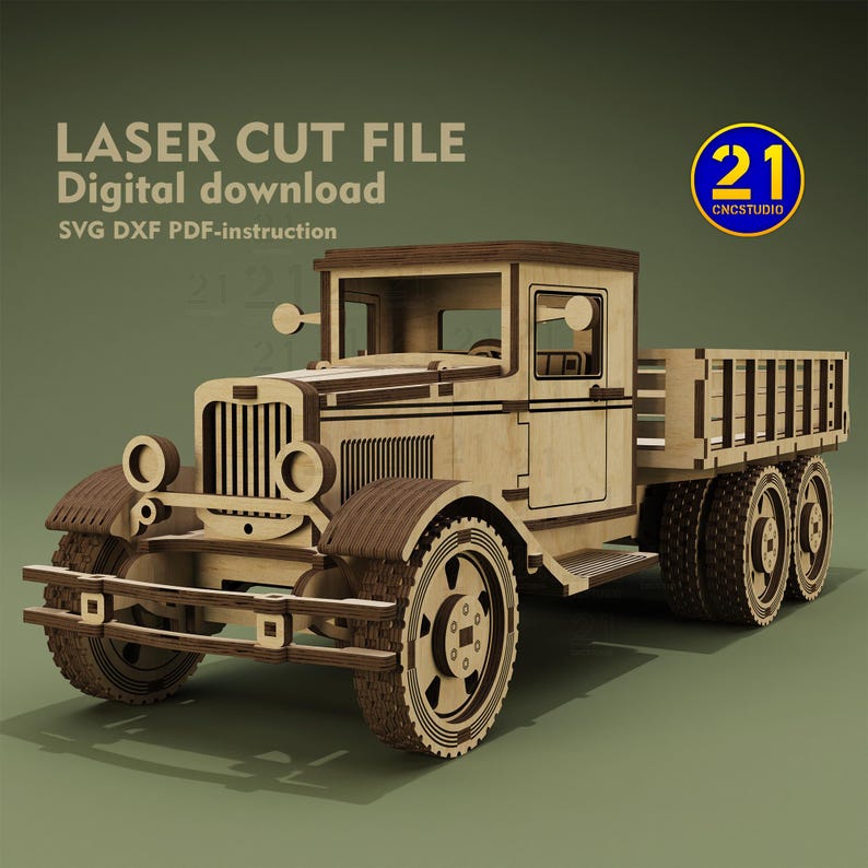 May include: Laser cut file digital download of a vintage wooden truck. The truck is brown and has a flatbed. The file includes SVG, DXF, and PDF instructions. CNC Studio 21.