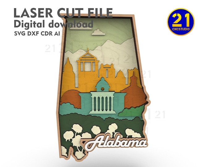 Alabama 8-Layer SVG Laser Cut File | Multilayer 3D State Map | Digital Download