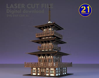 Japanese Pagoda SVG, Laser Cut Temple File, 28mm Wargaming Terrain for Tabletop & Diorama, 3D Architectural Puzzle for Glowforge