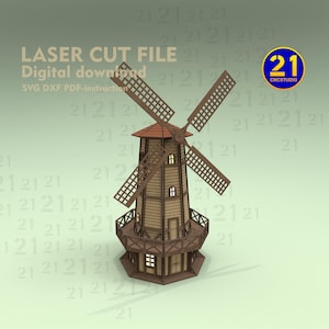 Archivo de corte láser de molino de viento 3D / Kit de modelo de madera SVG DXF / Rompecabezas DIY para Glowforge y xTool / Descarga digital