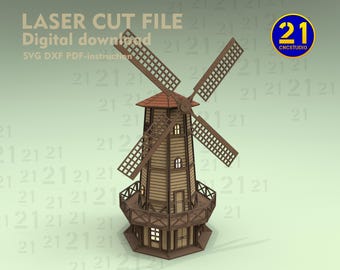 3D Windmill Laser Cut File | Wooden Model Kit SVG DXF | DIY Puzzle for Glowforge & xTool | Digital Download