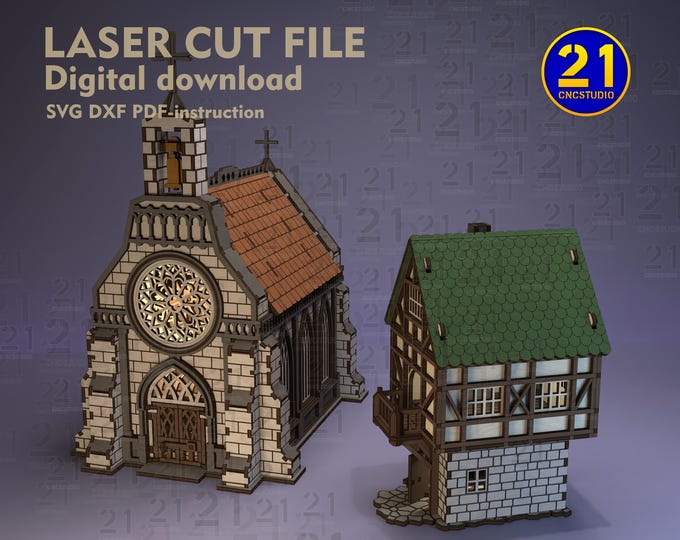 Medieval House & Gothic Church Laser Cut Files | Tabletop Terrain for 28mm 32mm Scale Games | SVG DXF Digital Download