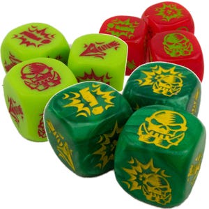 May include: A set of green and red dice with various symbols, including skulls, exclamation points, and other designs. The dice are made of a translucent material and have a glossy finish.